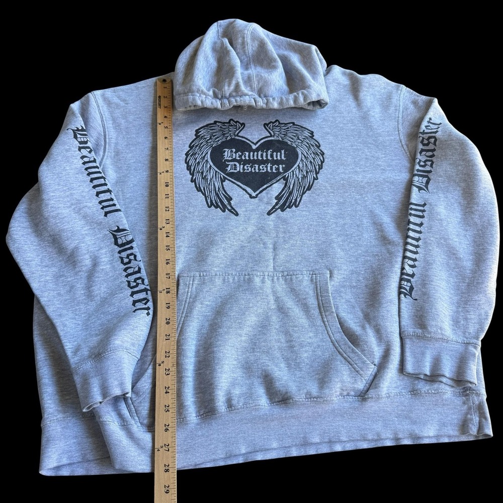 Beautiful Disaster Hoodie Womens 3X Gray Angel Wings Graphic Fleece Pullover - Picture 10 of 11
